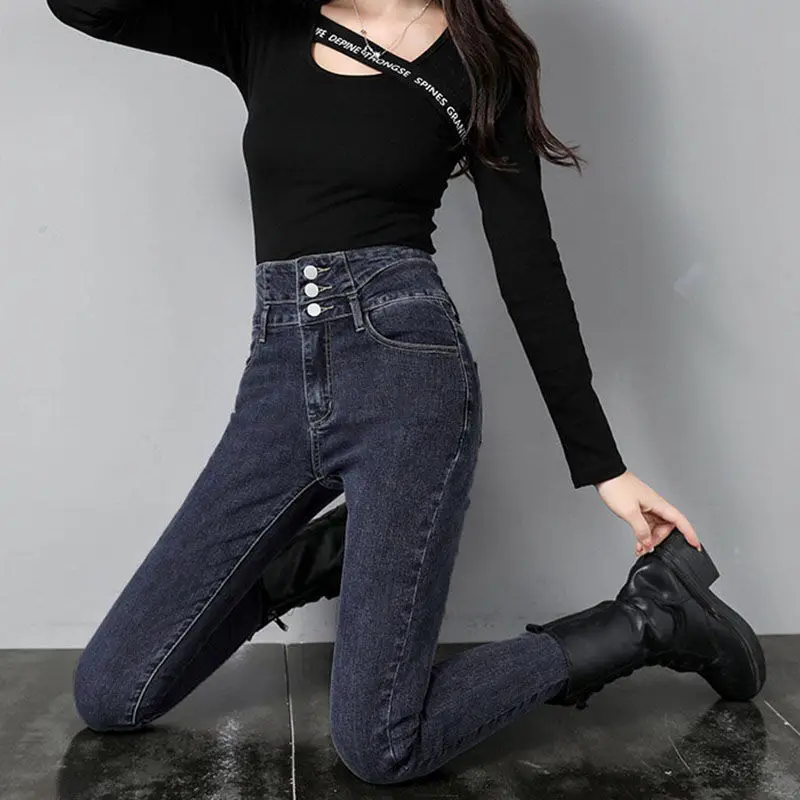 

Woman 2022 Spring Autumn New High Waist Slim Jeans Female Skinny Denim Pencil Pants Ladies Stretch Streetwear Trousers B74