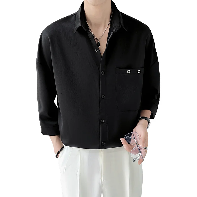 Summer Black/White Short Sleeve Shirt Men Fashion Society Mens Dress Shirt Loose Casual Shirt Mens Three-quarter Sleeve Shirt
