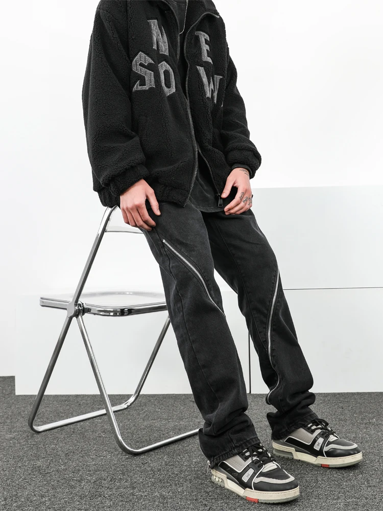 American Street Clothing Zipper Design Black Jeans Loose Straight Bar Wild Zipper Design Feel Casual Pants Hiphop Trousers MEN