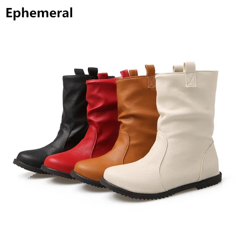 

Women Sewing Mid -Calf Waterproof Boots True To Size 34-52 Fashion Flats Booties Lady Shoes Round Toe Kvoll Botas Femininas Red
