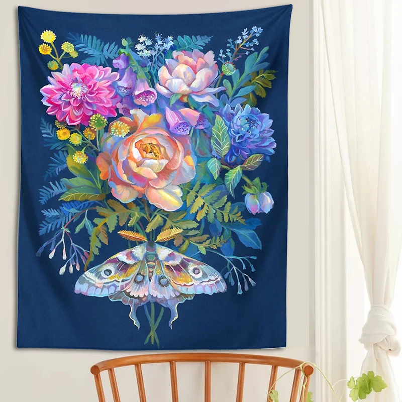

Moth Flowers Bouquet Tapestry Wall Hanging Psychedelic Plant Home Bedside Decoration Cloth Bedroom Background Cloth Moon Garden