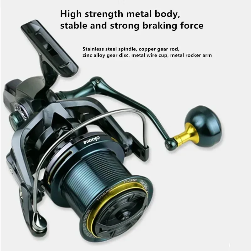 Фото Рыболовная катушка Okuma 9000-14000, металлическая, для дальнего заброса, с направляющей шпулей, передаточное число 4.7:1, тормозная сила 30 кг. №2
