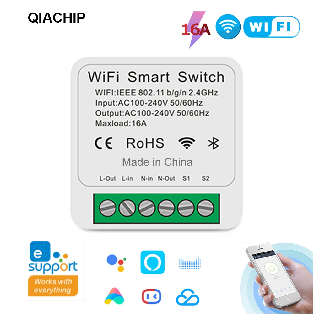 

QIACHIP 16A Mini WiFi Smart Switch 2-way Control DIY Light Smart Switches Module Work With eEelink APP Alexa Google Home