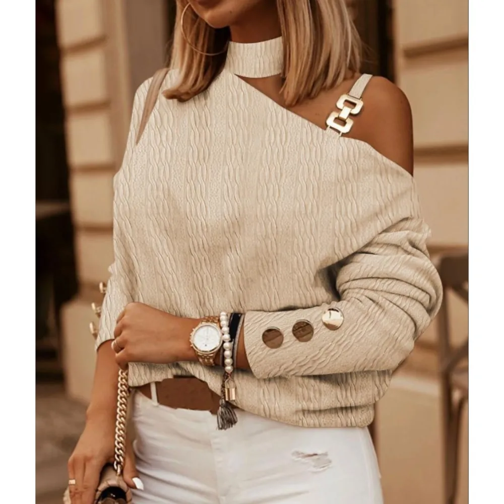 

2023 Autumn Sexy Women's Long Sleeve Shirt Off Shoulder Halter Top Fashionable Elegant Solid Color Shirt Women's Pullover