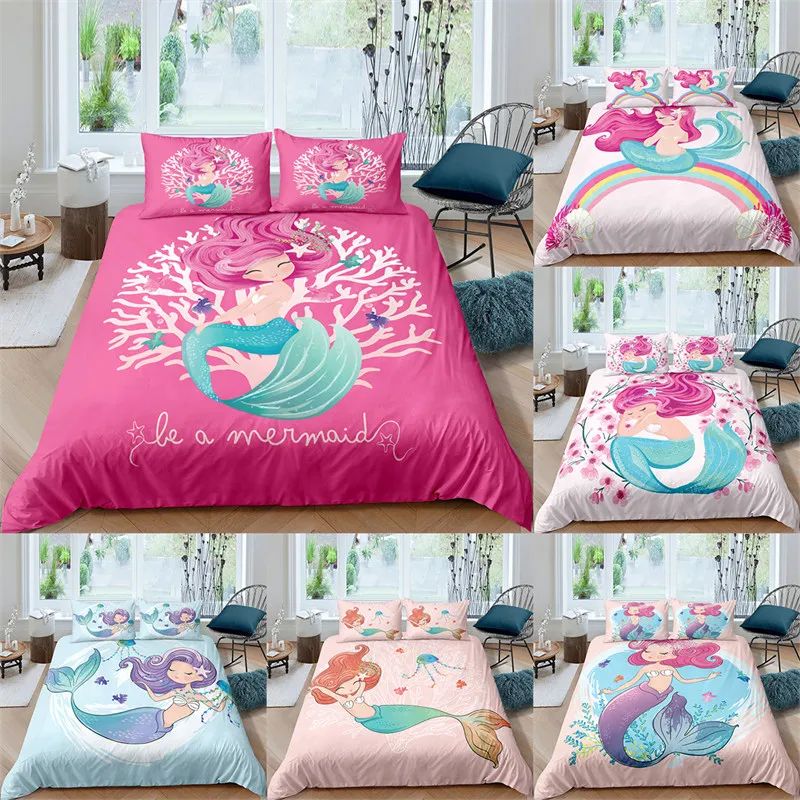 

Modern Cartoon Mermaid Toddler Bedding Set For Kids Girls King Size Microfiber Print Duvet Cover With Pillowcases Bedroom Decor