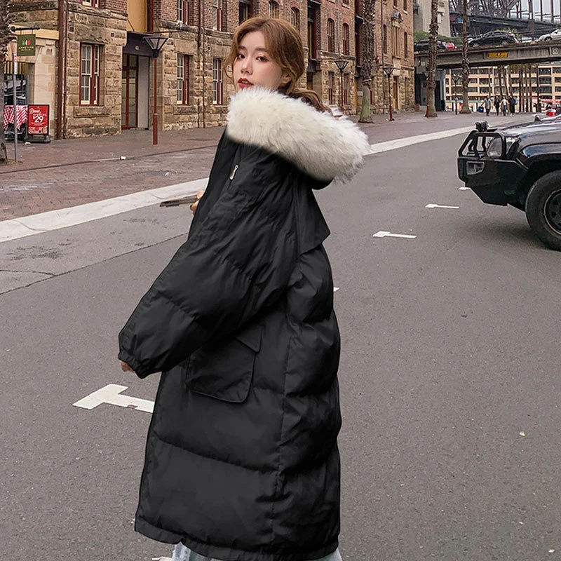 Long Parkas Women Fur Collar Korean Fashion Thicken Warm Jacket Women 2022 Winter Oversized Black White Outwear Female Y944