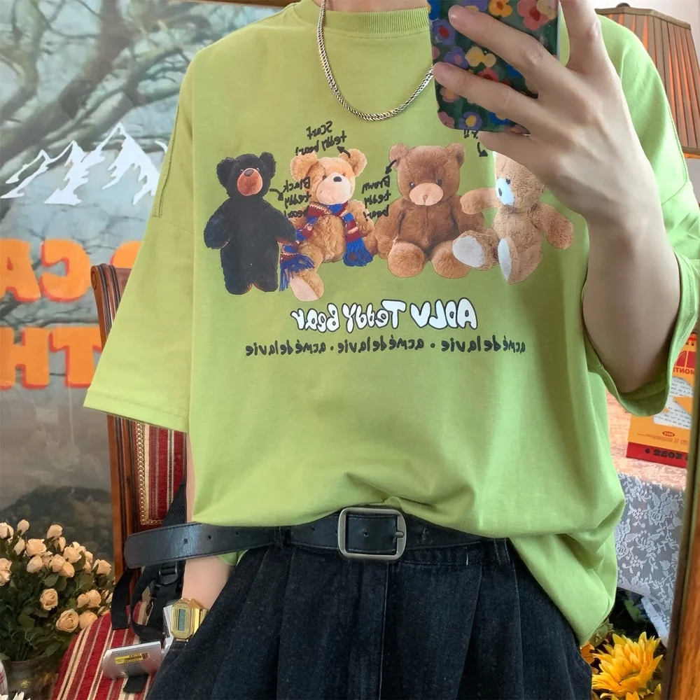 

Green Funny Cartoon Bear Short Sleeve T-shirt Women Ins 2022 Summer Sweet and Cool Retro Couple Japanese Fashion T-shirt Top New