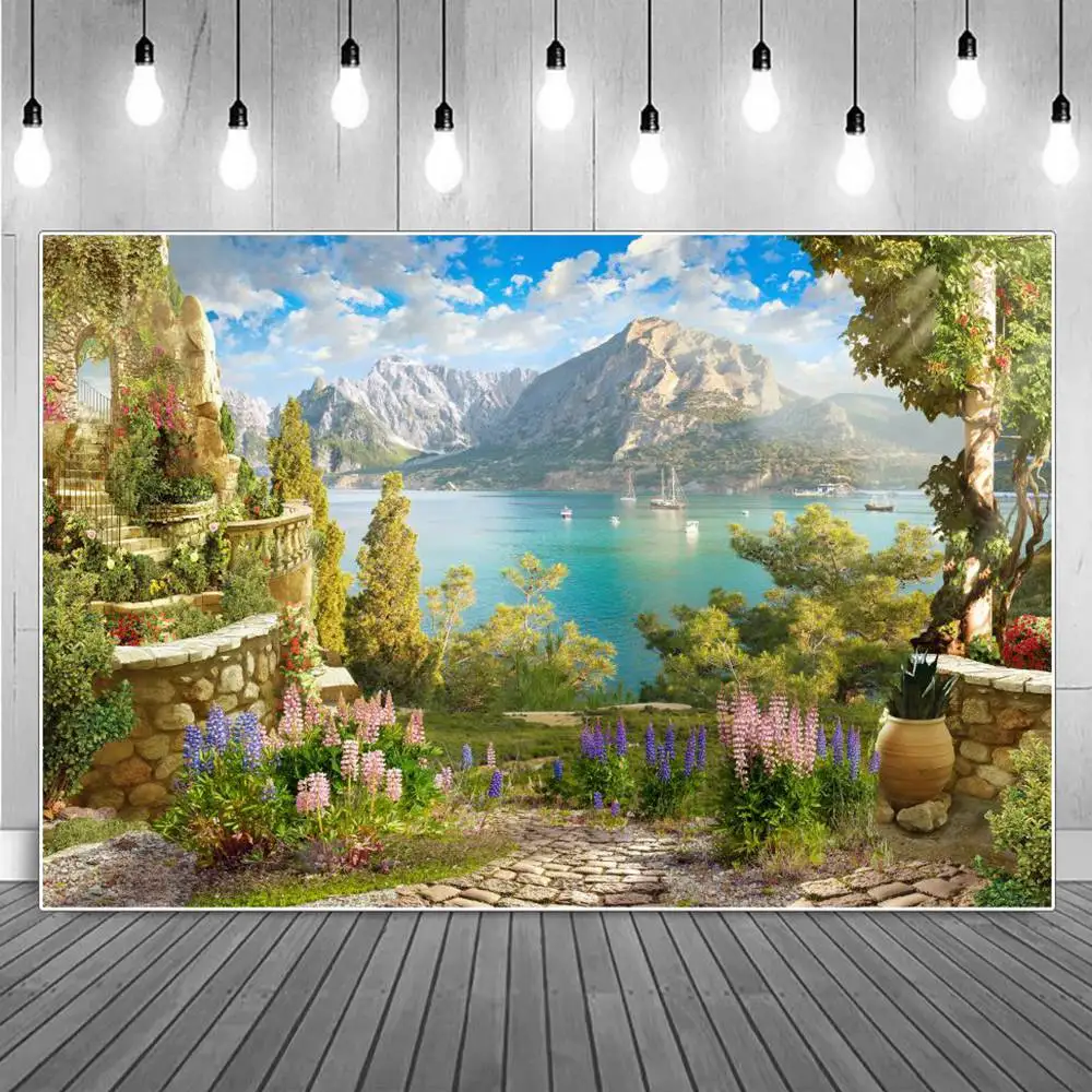 

Mountains Sea Flowers Garden Landscape Photography Backgrounds Ships Green Grassland Holiday Party Decoration Photo Backdrops