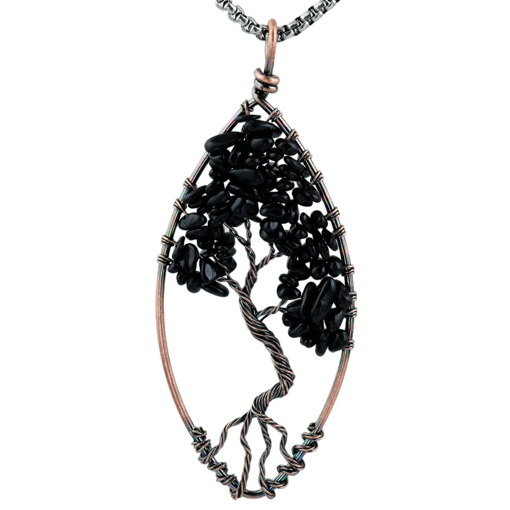 

SUNYIK Black Onyx Tumbled Stone Tree of Life Pendant Wire Wrapped Healing Chakra Jewelry Fit Necklace