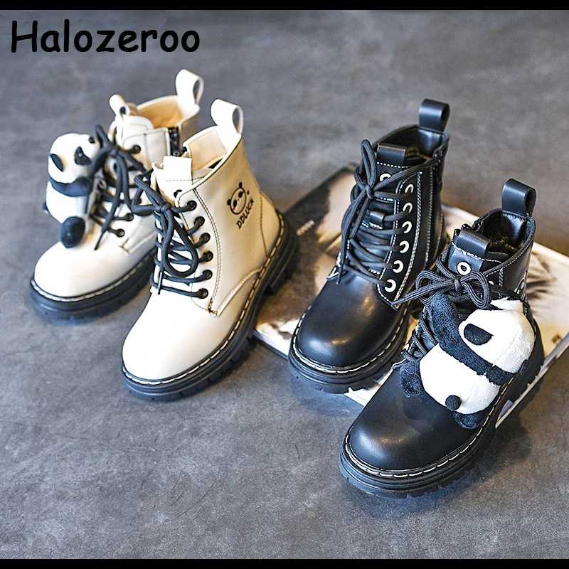 

Детские зимние ботинки для верховой езды, ботильоны для маленьких девочек с рисунком панды, брендовые модные ботинки для мальчиков, теплые кожаные ботинки, черные ботинки на платформе