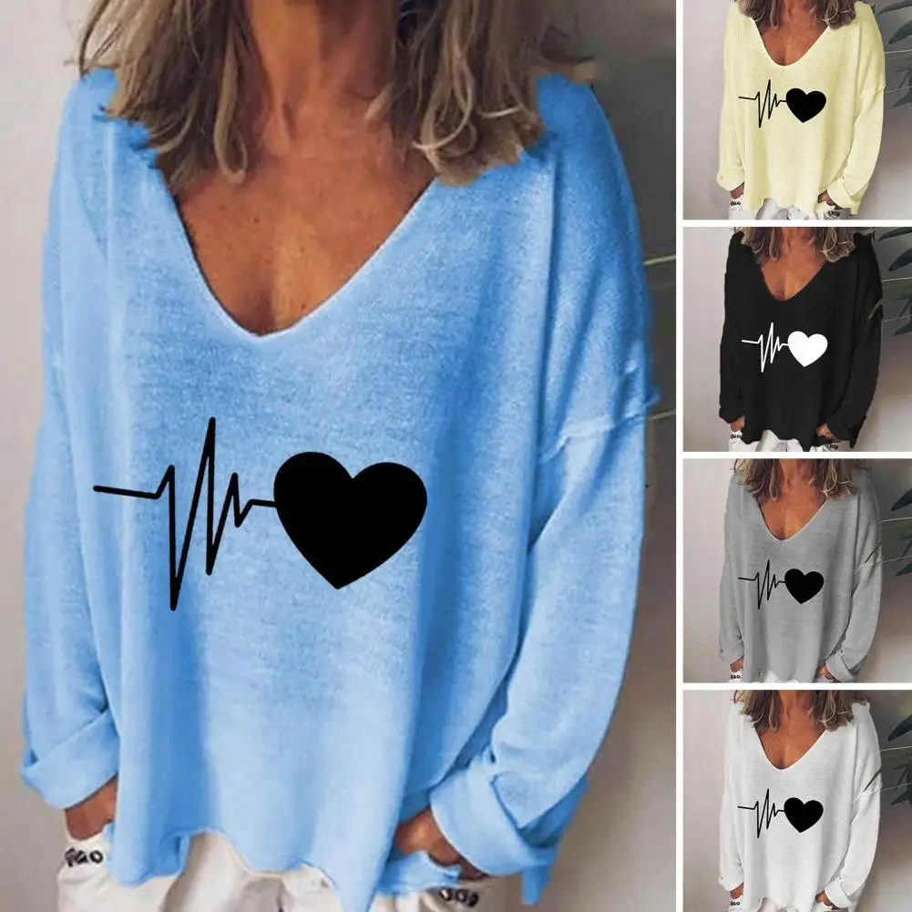 

Spring Autumn Women T-shirt V Neck Long Sleeves Breathable Heartbeat Print Loose Pullover Top Blouses Streetwear Female Clothing