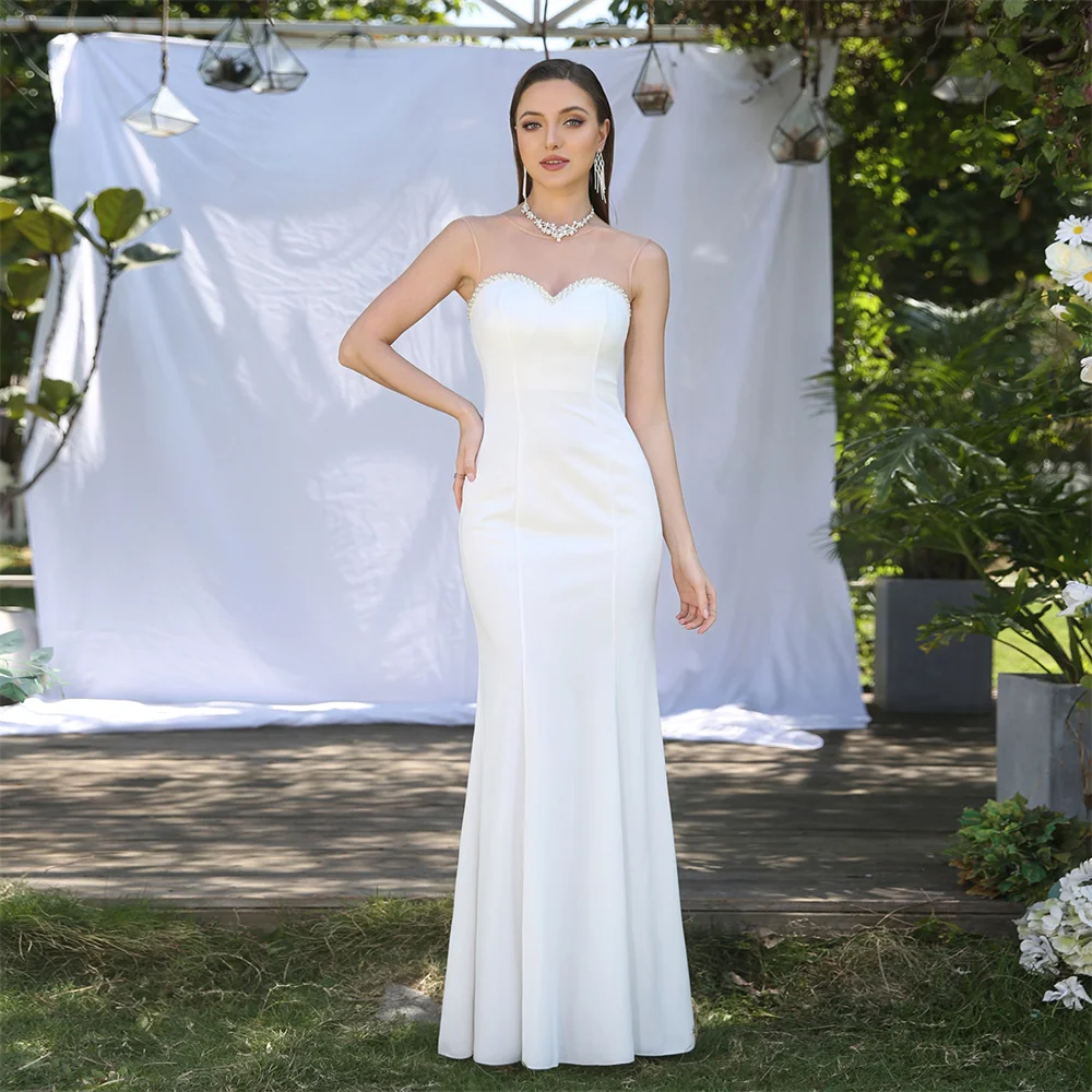 Elegant White Satin Strapless Mermaid Wedding Dress Long Summer Sweetheart Sleeveless Illusion...