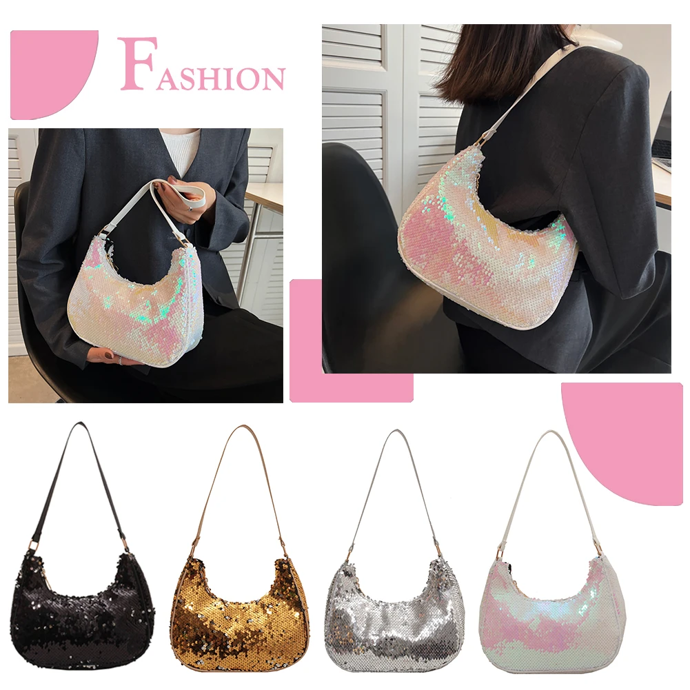 

Модная блестящая сумка через плечо с блестками, вместительные сумки-тоуты, женская сумка под подмышку, клубный кошелек с блестками и цепочк...