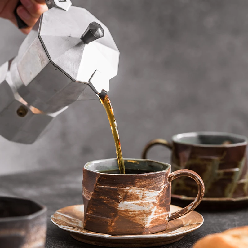 

200ml Coarse Pottery Handmade Coffee Cup and Plate Set Japanese Simple Ceramic Tea Cup Set