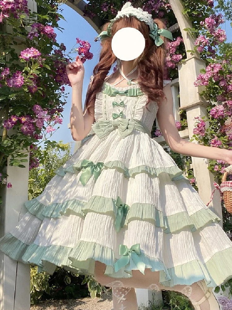 

Japanese Women Lolita Style Cascading Ruffle Princess Dress Summer Bow Collar Splicing Contrast JSK Sweet Ruffles Party Dresses