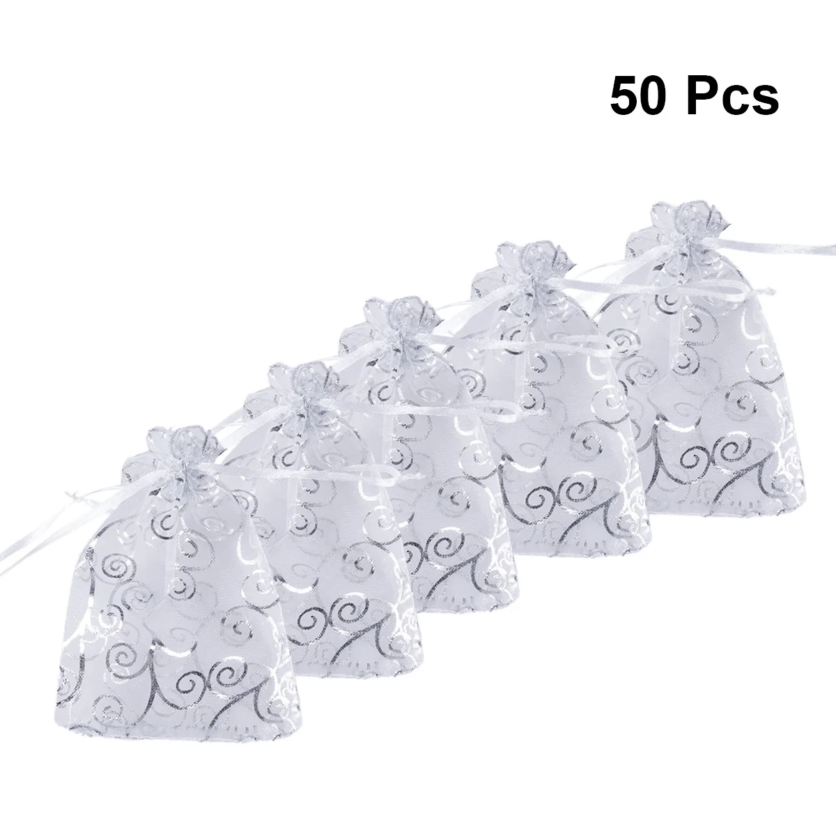 

50 Pcs Small Organza Sheer Favor Gift Bags Mini Silver Rattan Pattern Jewelry Pouches Wrap Organza Drawstring Bags for Wedding