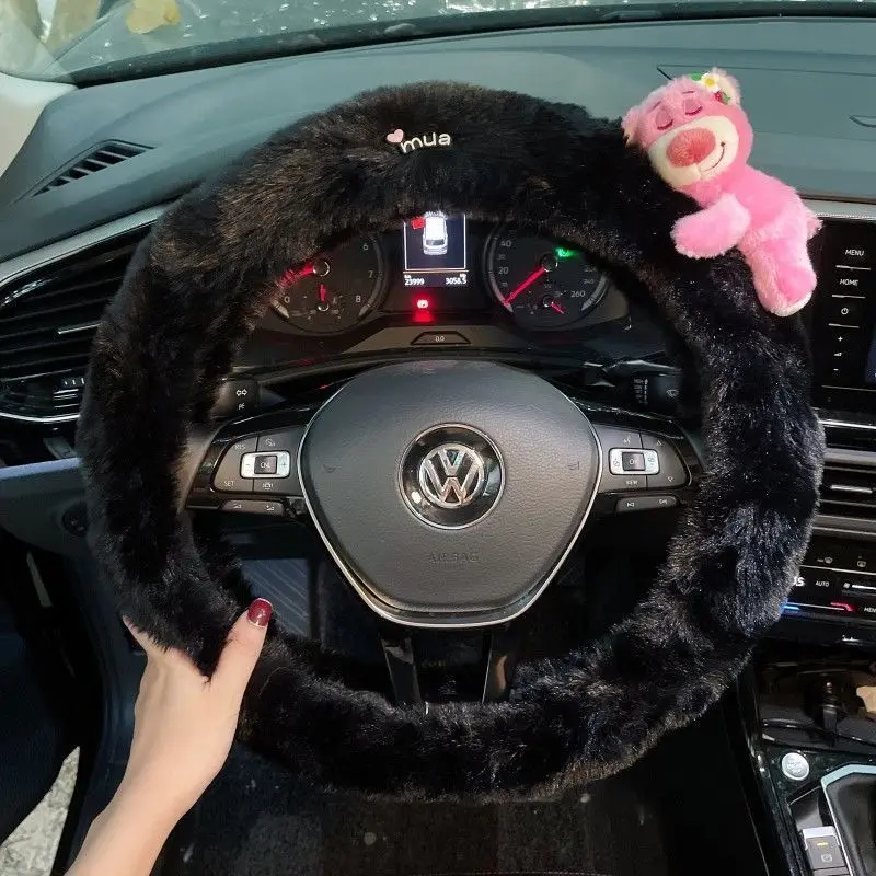 Фото Новый плюшевый чехол на руль Lotso: зимний, теплый, милый, креативный мультяшный декор для автомобиля, аксессуар, подарок №5