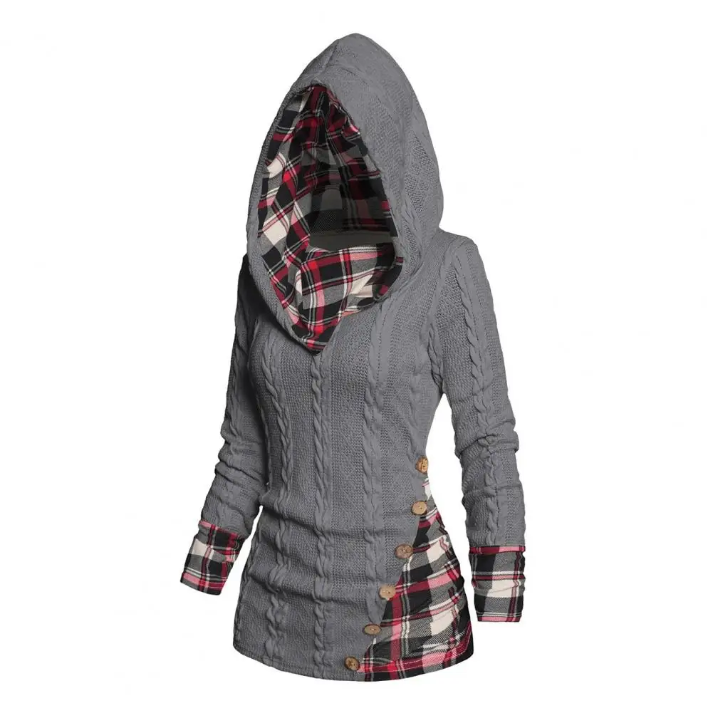 

Knitting Sweatshirt Stylish Vintage Patchwork Plaid Knit Sweater Long Sleeve Hooded Sweatshirt For Women For Autumn Winter