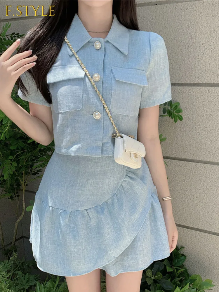 Summer Thin Tweed Sets Chic Sweet Temperament Short Sleeve Lapel Jacket Female Short Jacket + Mini A-line Skirt Two-piece Suit