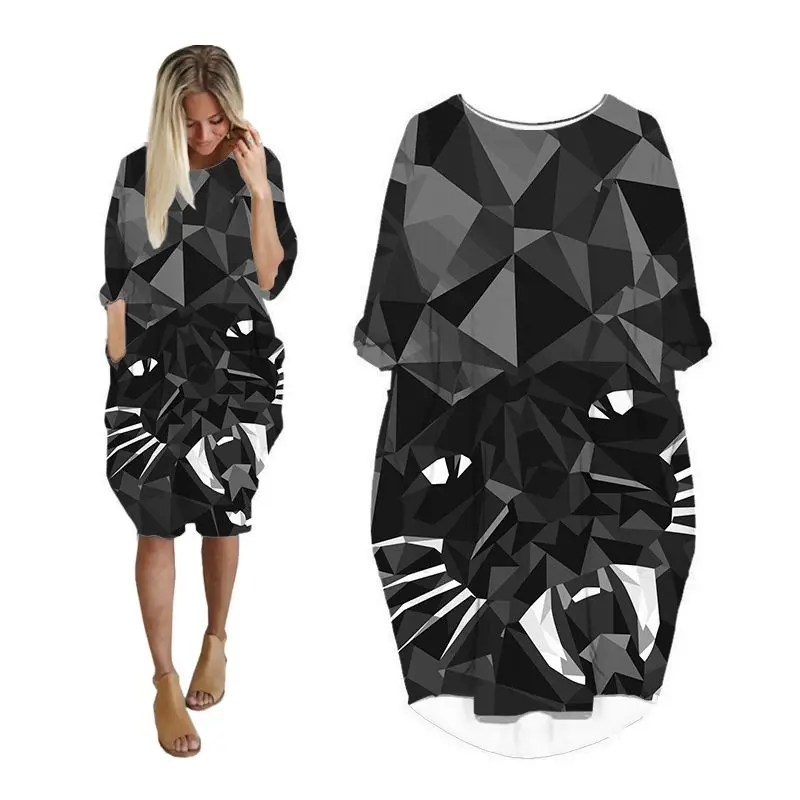 

dresses for women pocket long sleeve casual woman clothing fashion plus size ladies clothes midi female dress print geometric JN