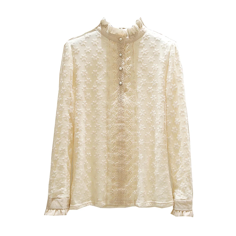 Plus Size White Lace Bottoming Shirt Women Autumn and Winter Fleece-lined Warm Mesh Embroidered Long sleeve Stand Collar West...