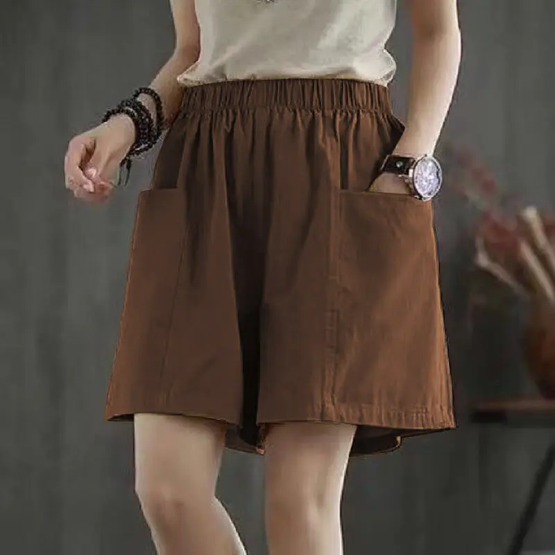 WTEMPO Cotton Wide Leg Shorts Women's Chic Pockets High Waist Slim Versatile Casual Shorts Fashion StreetWear Womens Shorts