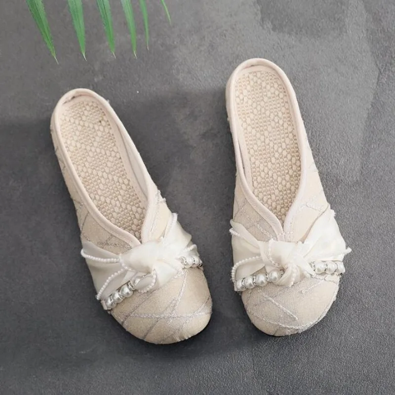 Women Cotton Fabric Summer Slipper with Butterfly-knot Ladies Fashion Pearl Mules Hemp Insole Flat Heeled Sweet Slides