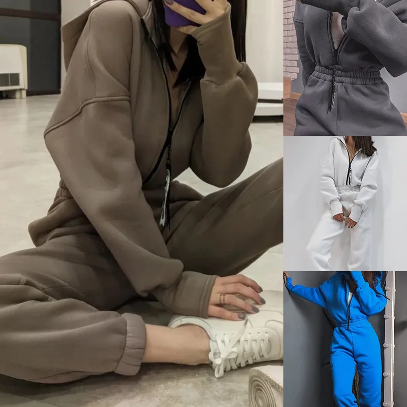 

Women Fleece Hooded Jumpsuit Playsuit Sportswear Female Long Sleeve Zipper Hoodies 2022 Autumn Winter Casual Sport Overalls