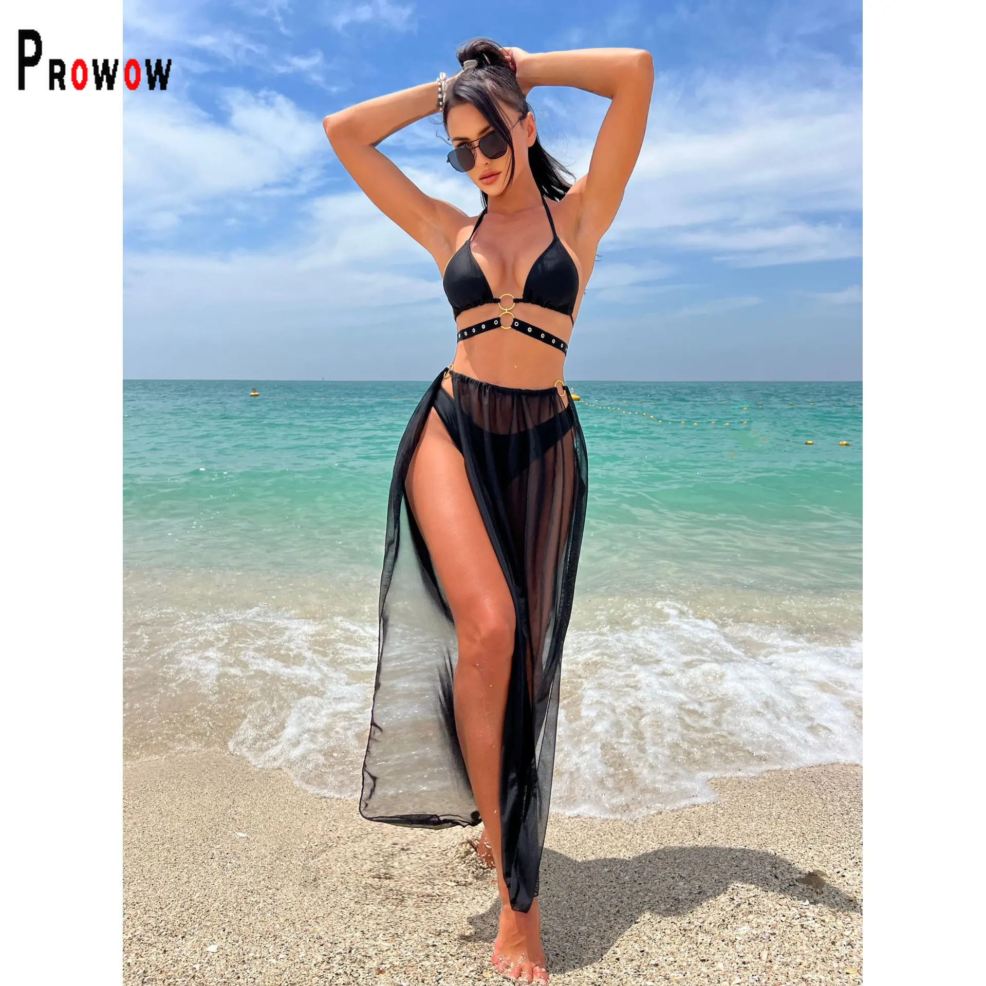 

Сексуальный черный женский комплект бикини Prowow, сетчатая накидка, юбка, купальные костюмы из трех предметов, купальные костюмы, пляжные купальники на шнуровке