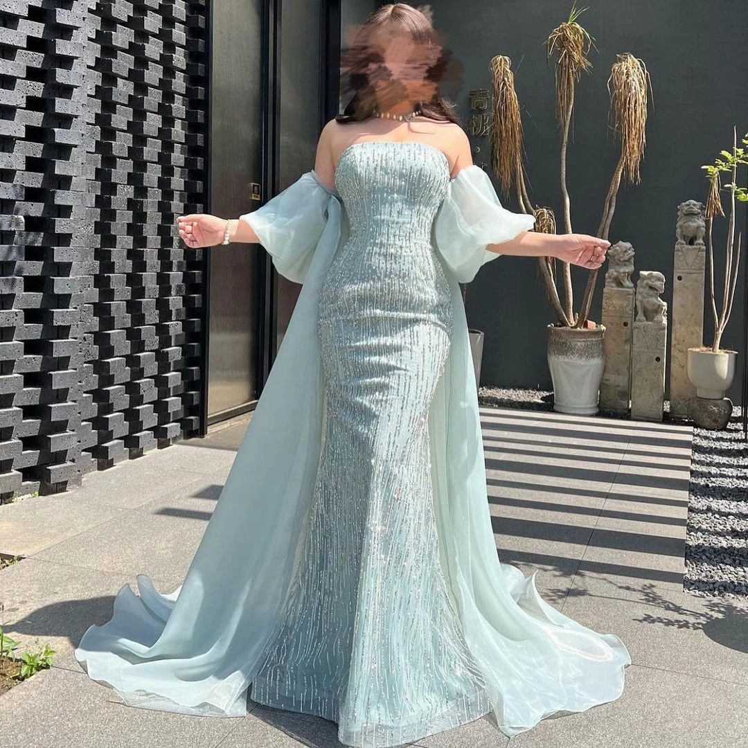 

Mermaid Strapless Puff Sleeves Evening Dresses Beadings Floor Length Prom Dresses Saudi Arabia Women's Formal Dress