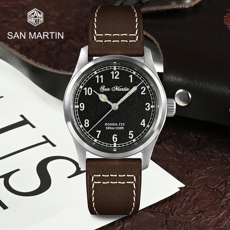 

San Martin 37mm Pilot Watch RONDA 715 Quartz Movement Military Simple Fashion Style Men Wristwatch 20 Bar C3 Luminous Sapphire