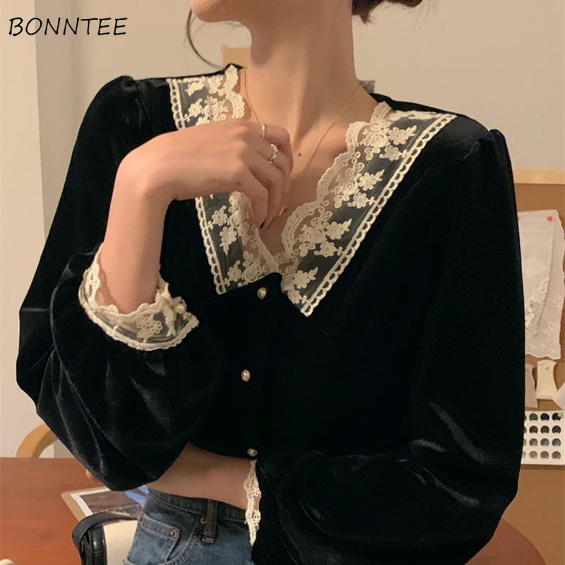 

Autumn Shirts Women V-Neck Retro Korean Style Lady Tops Patchwork Spring Streetwear Elegant All-match Daily Popular Puff Sleeve