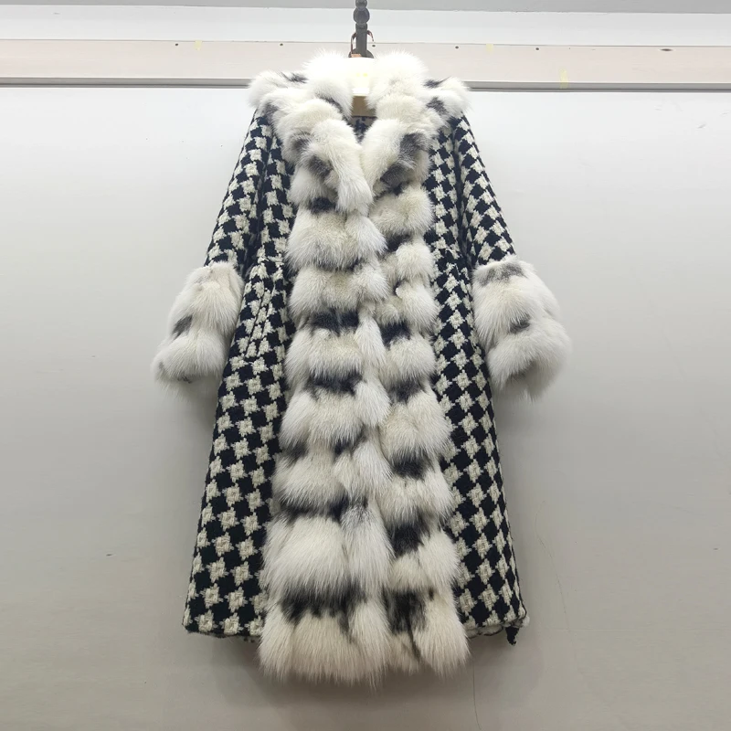 New luxurious Fox Fur Coat Winter Woman Parkas Luxury Long Plaid Women's Large Big Fur Collar Woolen Coat Adjustable Belt enlarge