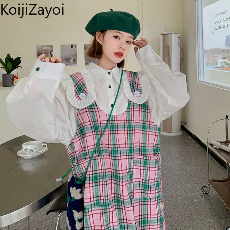 

Koijizayoi Sweet Women Two Pieces Set Plaid Tank Long Dress Cute White Shirt Girls Spring Outfits Korean Fashion 2 Pieces Set