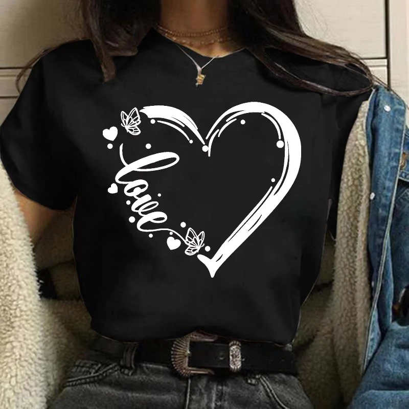 

Butterfly Love Heart Printing T Shirt Women New Black T Shirt Female Ladies Casual Cute Graphic Tees Women Fashion T-shirt Tops