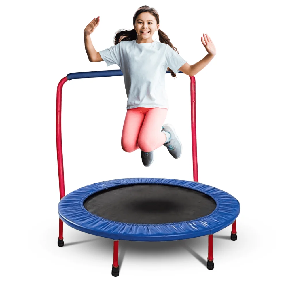 Toddler 36 Inch Kid Round Trampoline With Kids Handle Bar Can Be Folded for Storage or Travel Jumping Trampolines Blue Yellow