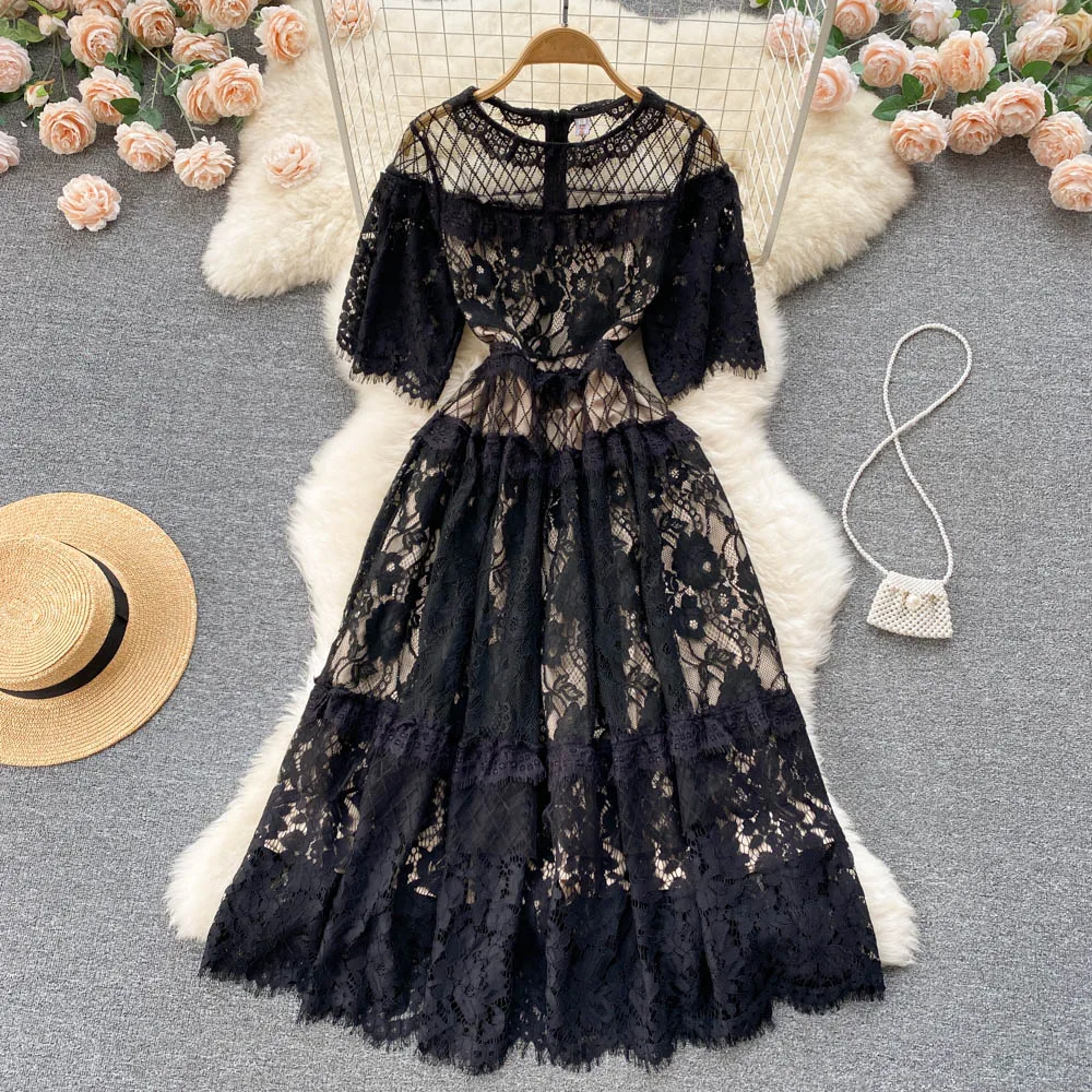 

2022 spring and summer new lace lace dress women's design sense niche loose waist temperament dress long skirt women's skirt