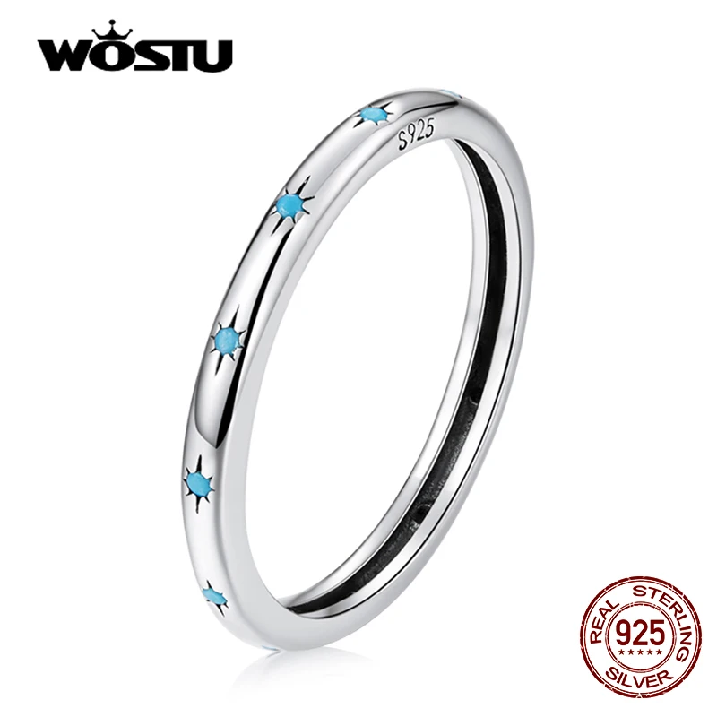 WOSTU 925 Sterling Sliver Turquoise Blue Star Patterns Simple Size Round Rings For Women Female Original Jewelry CTR240