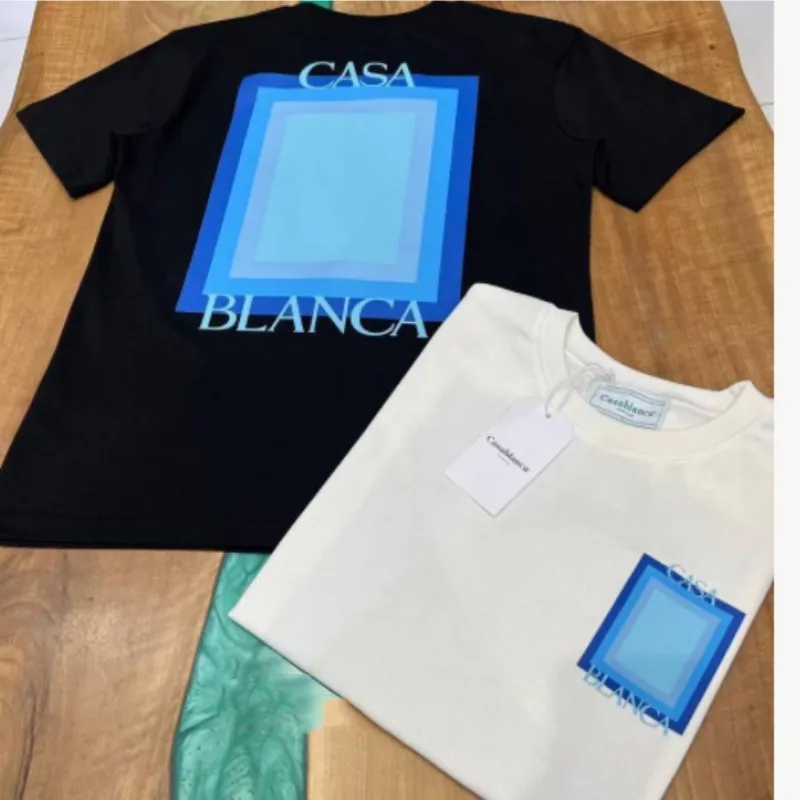 

CASABLANCA T-shirts Blue Gradient Square Letter Print Round Neck Cotton Short Sleeve Tops 3XL Casa T Shirt for Men Women