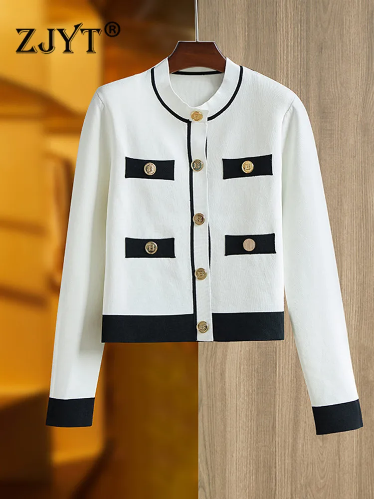 

ZJYT Autumn Winter Color Block Sweater Cardigan Coat for Women 2022 Long Sleeve O Neck Casual Knitwear White Black Knitted Tops