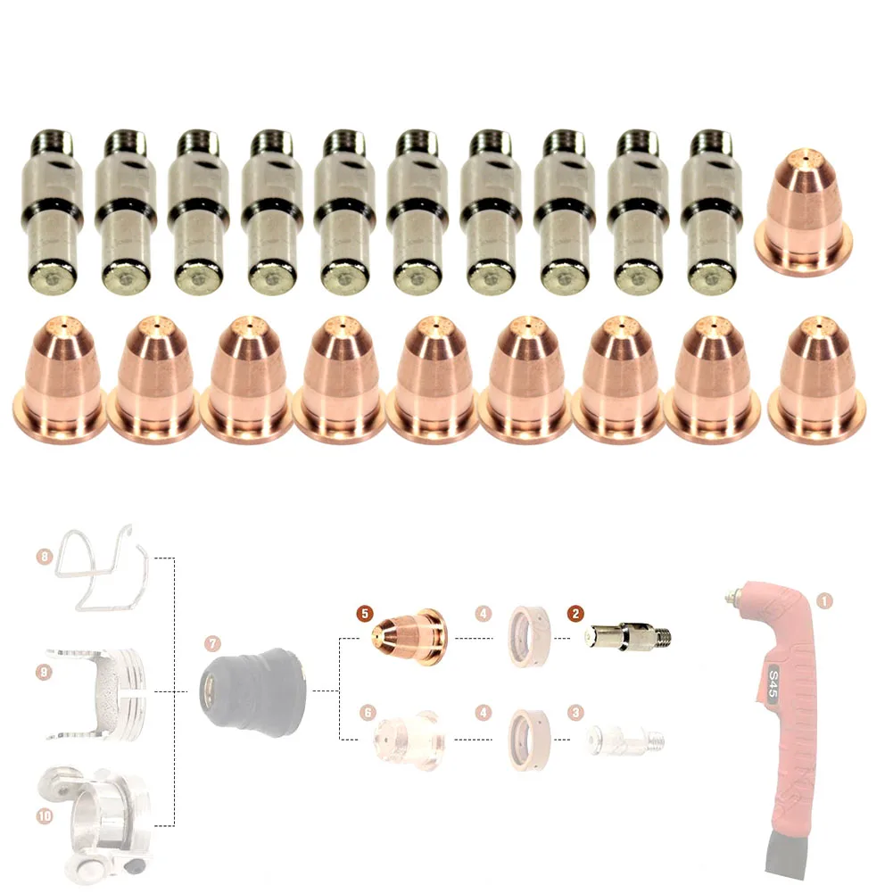 

20Pcs Plasma Cutter Consumable Kit Fittings Spare Parts For S25 S45 Plasma Torch CROS-ARC 40NHF Welding Equipment Accessories