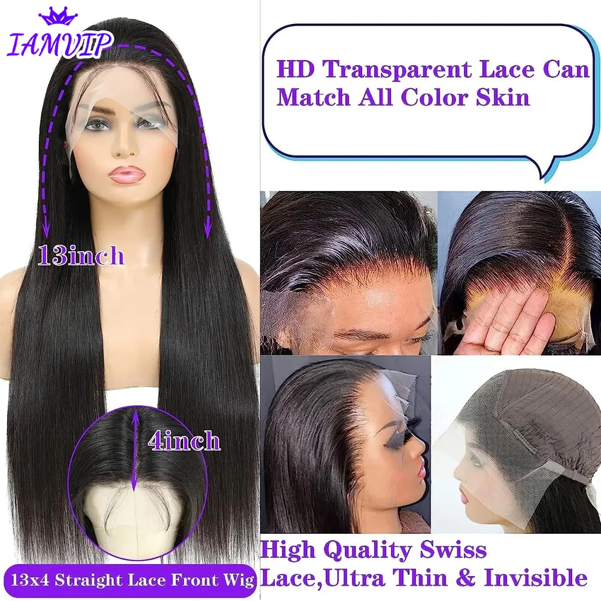 Фото 250% 360 Full Lace 13x6 HD Lace Frontal Wig for Women 13x4 Frant Silky Straight Remy Human Hair Темно-черный Бесклеевой Предварительно выщипанный №2