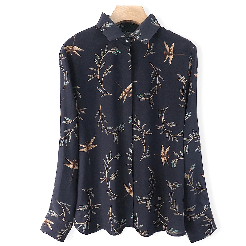 2023 New 19mm Silk Blouse Women High Quality Pure Silk XL Shirt Navy Tops Summer Lady Clothing