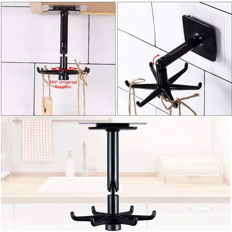 

360 Degrees Rotated Kitchen Hooks Self Adhesive 6 Hooks Home Wall Door Hook Handbag Clothes Ties Bag Hanger Hanging Rack