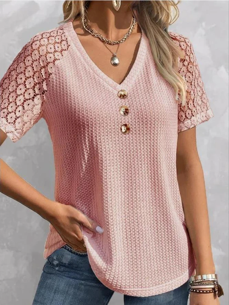 

Fashion Women Summer Solid Color T-Shirts Patchwork Design Lace Button Decor See Through V-Neck Short Sleeve Loose Pullovers Top