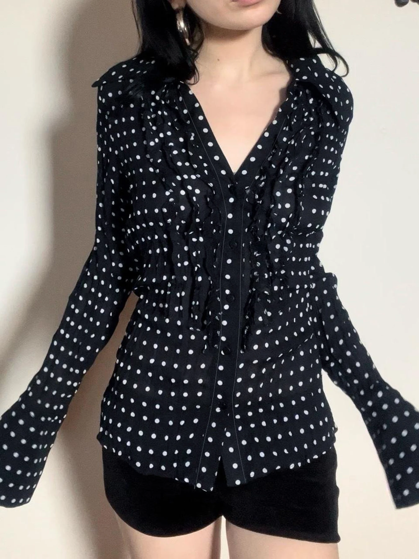 Rockmoer блузки с принтом в горошек женские винтажные однобортные рубашки рюшами и