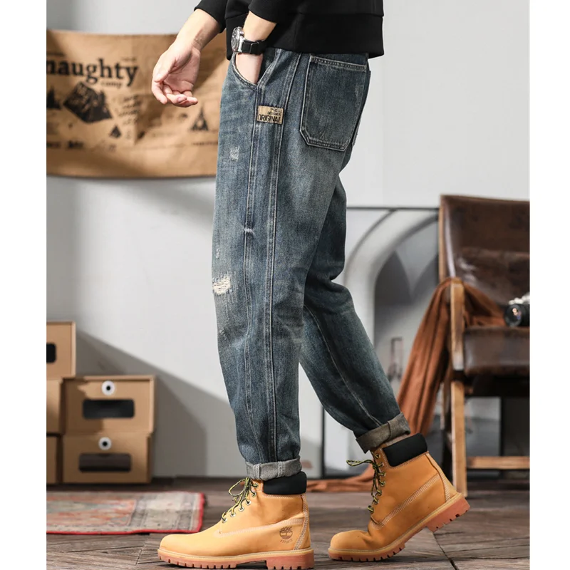 Men Clothing New Pattern Recreational Vintage Broad Leg Blue Ripped Jeans Straight Cylinder Large Loose Cargo Pants Autumn Women