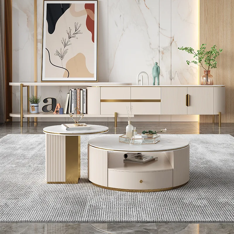 

Light luxury slate tea table TV cabinet combination set modern minimalist living room home small apartment creative retractable