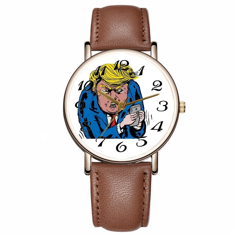 

New Personality Watches For Men Cartoon Trump Gold Leather Quartz Watch