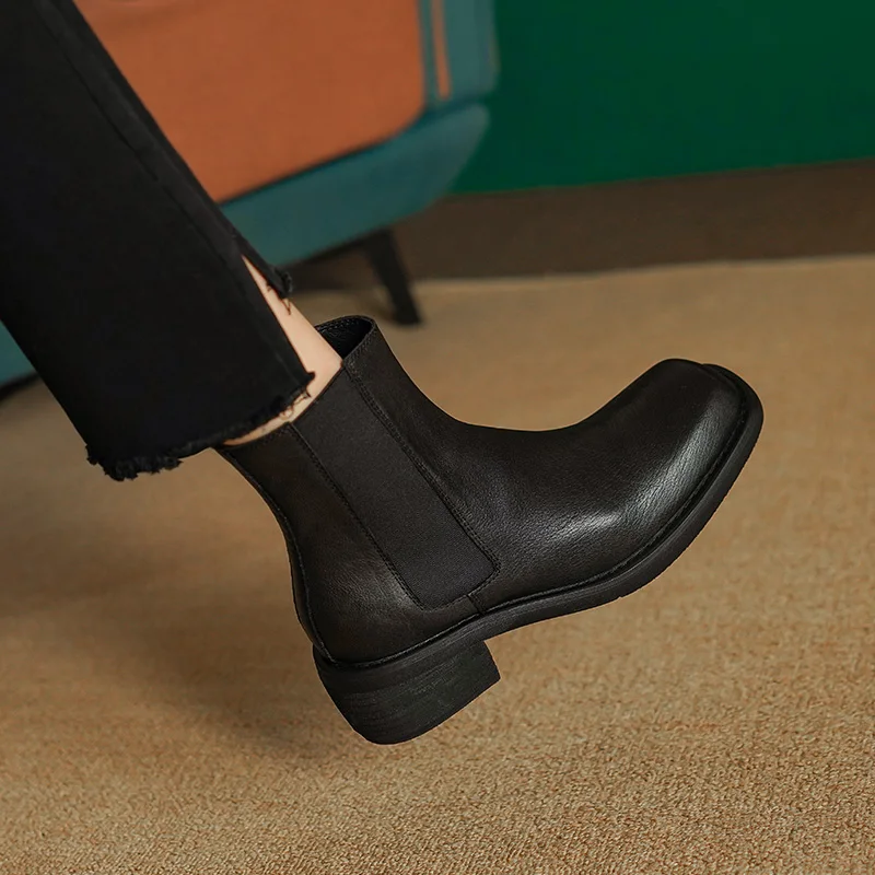 

Ботинки Челси женские на толстом каблуке, ботинки из воловьей кожи, квадратный носок, без застежки, Ретро стиль, короткие сапоги, весна-осень